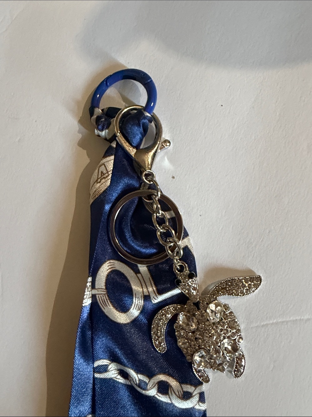 Blue Silk Scarf Keychain with Crystal Turtle Charm